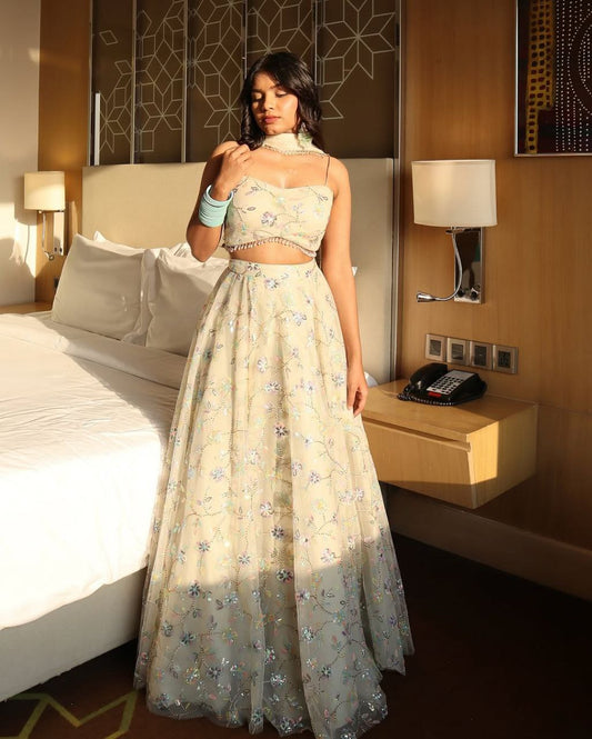 Latest Semi Stitched Cream Tabby Silk Lehenga