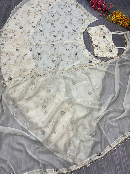 Latest Semi Stitched Cream Tabby Silk Lehenga