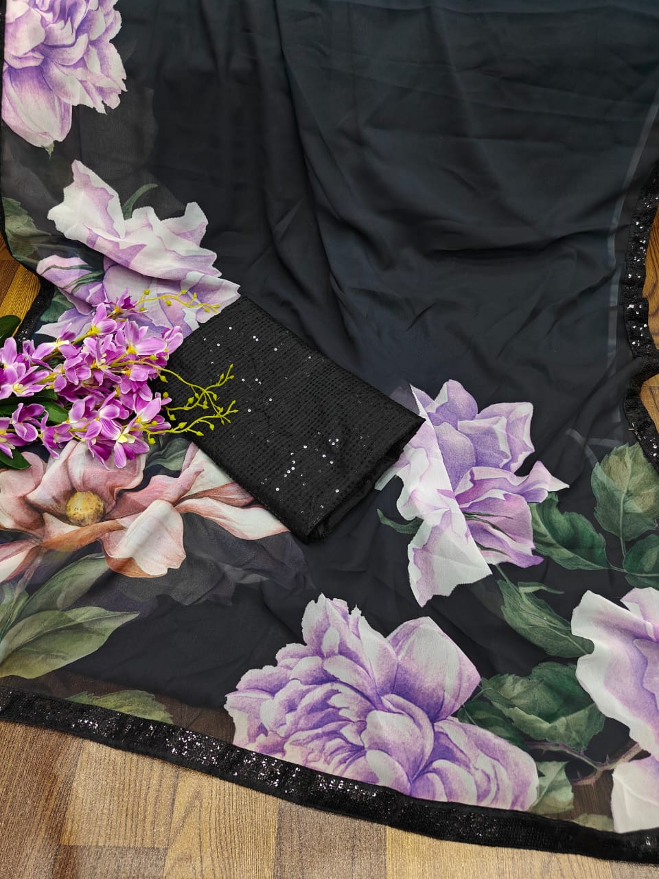 Black Flower Printed Chiffon Saree with Sequence Embroidery and Blouse