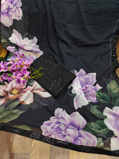 Black Flower Printed Chiffon Saree with Sequence Embroidery and Blouse