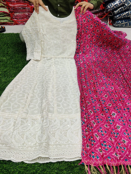 Beautiful Anarkali Chikan Seqvens Gown With Dupatta