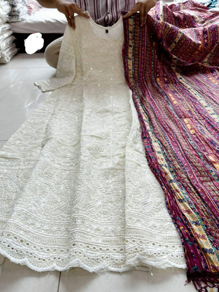 Beautiful Anarkali Chikan Seqvens Gown With Dupatta