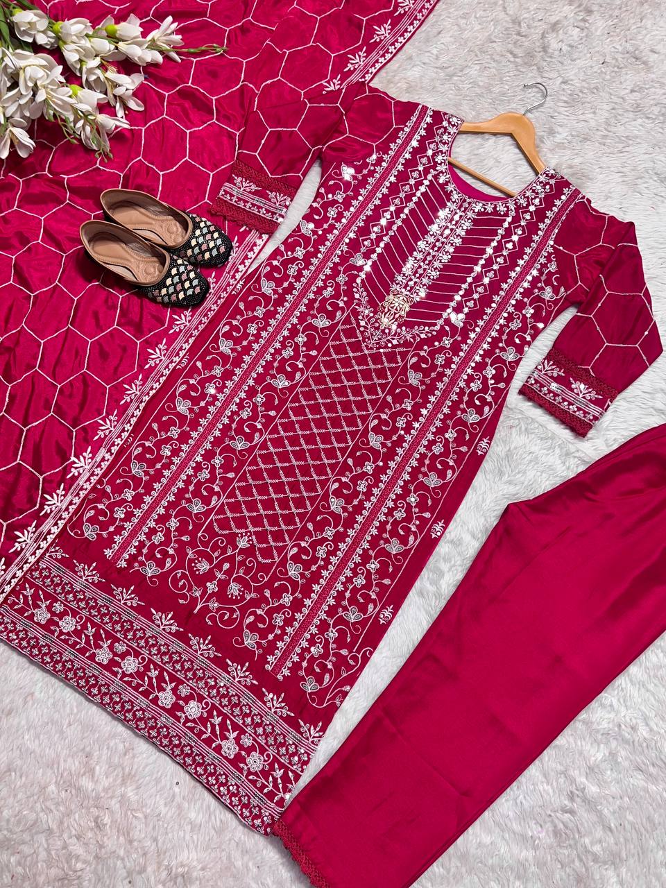 Wonderful Red Color Ready Made Chinna Multi Sequence Work Salwar Suit