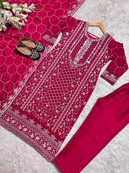 Wonderful Red Color Ready Made Chinna Multi Sequence Work Salwar Suit