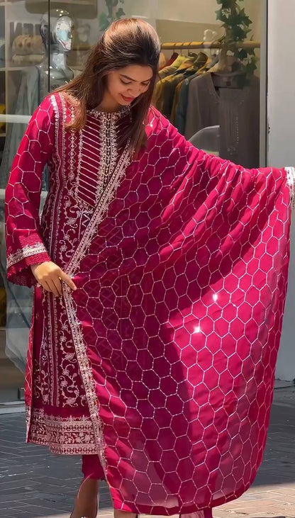 Wonderful Red Color Ready Made Chinna Multi Sequence Work Salwar Suit