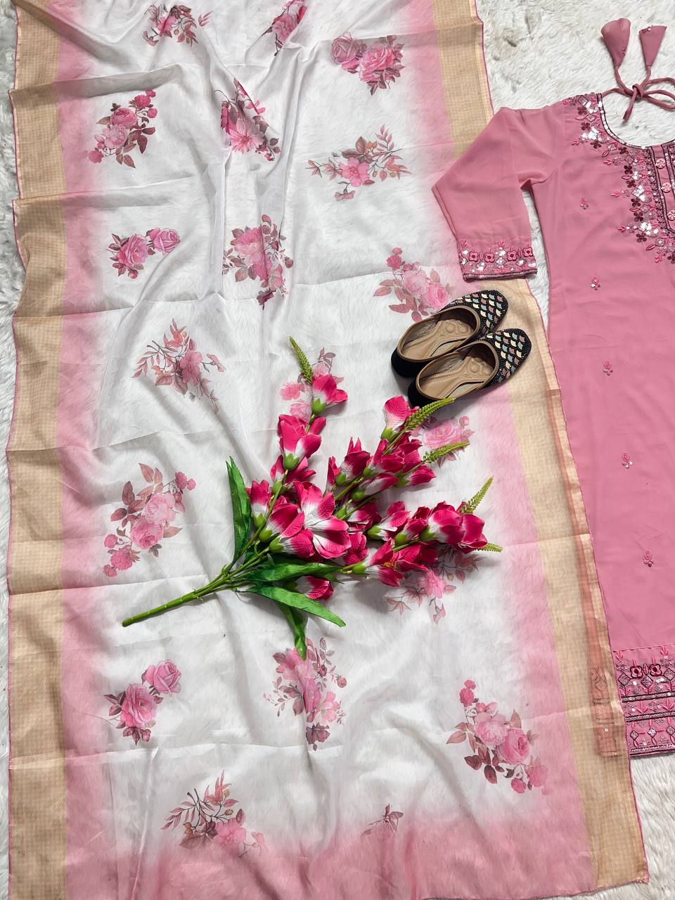 Pleasant Pink Color Georgette MUlti Sequene Work Ready Made Plazo Salwar Suit