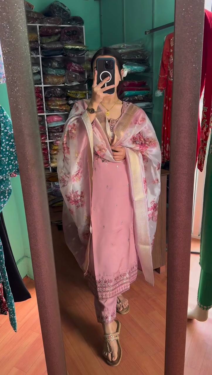 Pleasant Pink Color Georgette MUlti Sequene Work Ready Made Plazo Salwar Suit