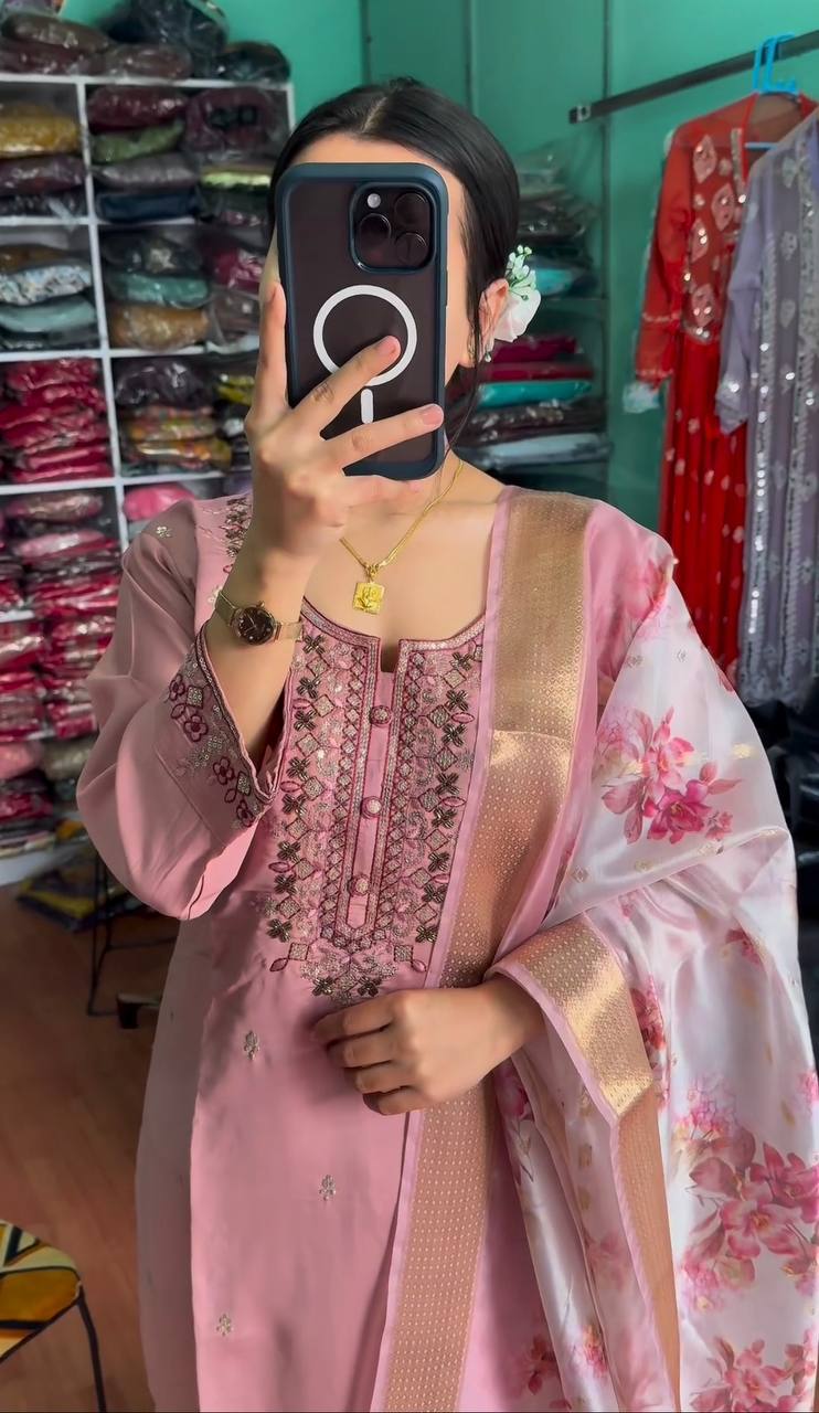 Pleasant Pink Color Georgette MUlti Sequene Work Ready Made Plazo Salwar Suit