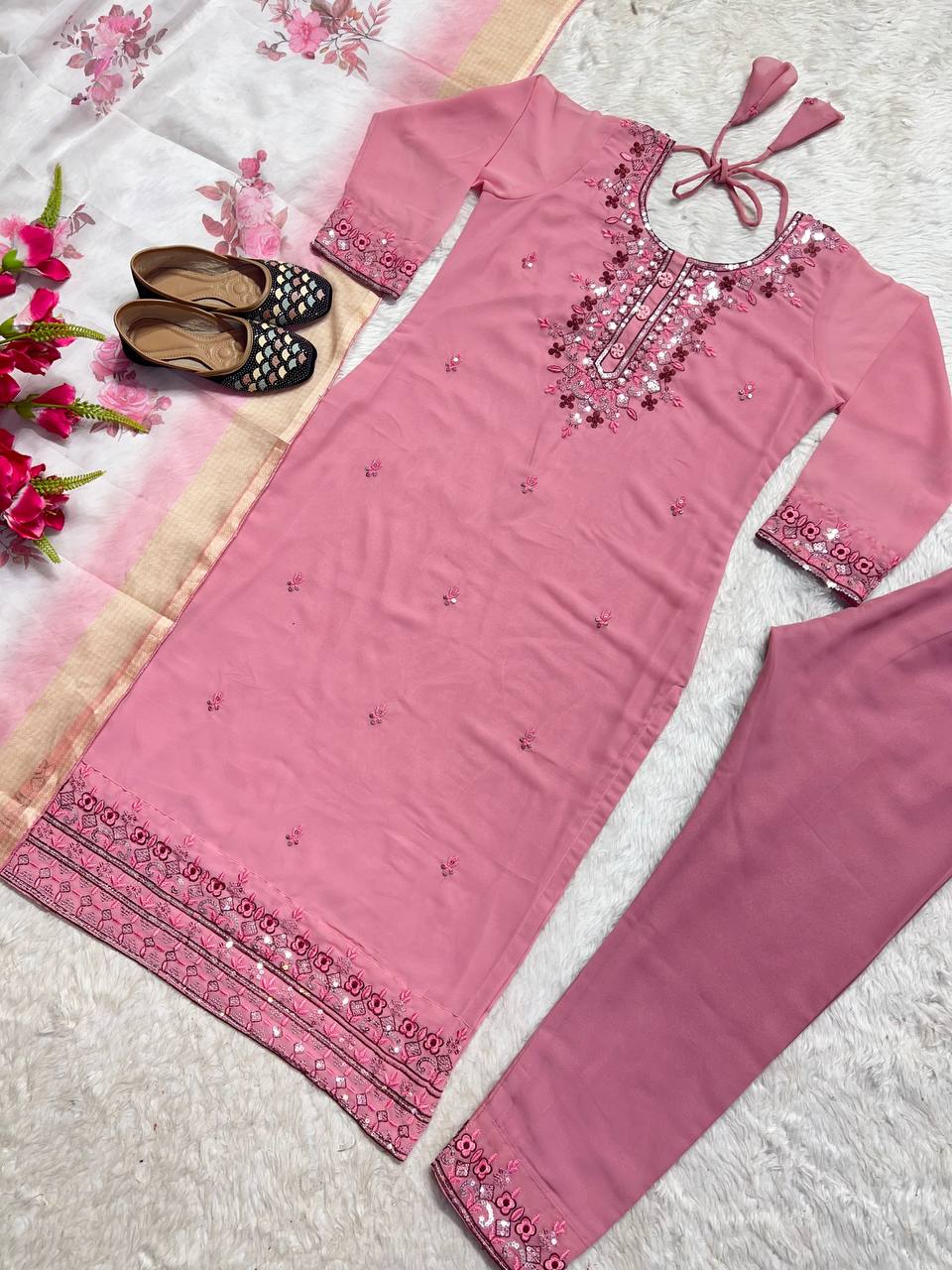 Pleasant Pink Color Georgette MUlti Sequene Work Ready Made Plazo Salwar Suit