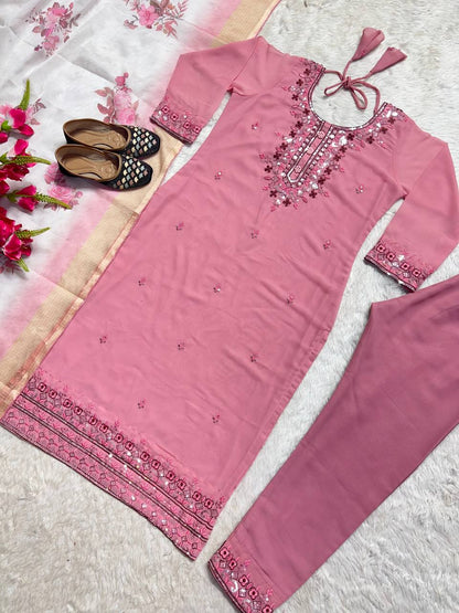 Pleasant Pink Color Georgette MUlti Sequene Work Ready Made Plazo Salwar Suit