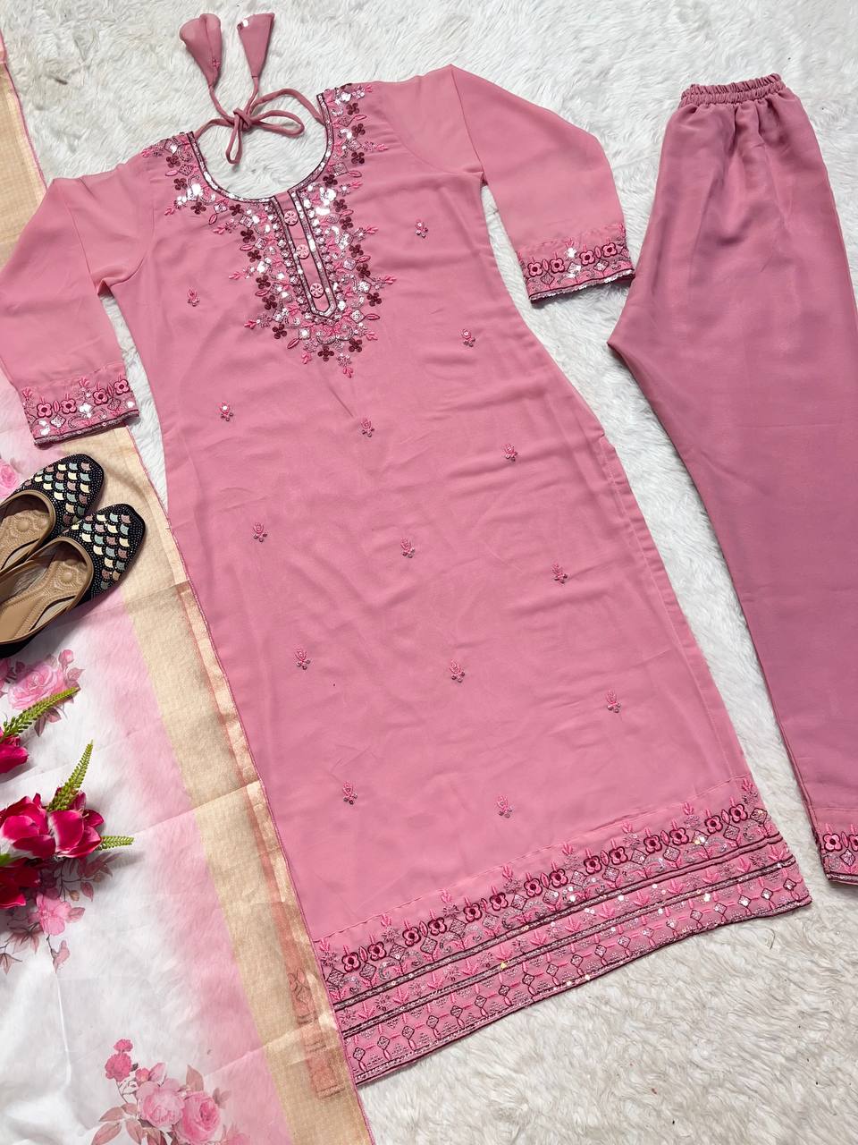 Pleasant Pink Color Georgette MUlti Sequene Work Ready Made Plazo Salwar Suit