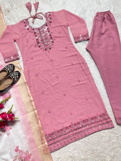 Pleasant Pink Color Georgette MUlti Sequene Work Ready Made Plazo Salwar Suit