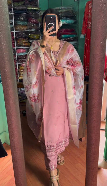 Pleasant Pink Color Georgette MUlti Sequene Work Ready Made Plazo Salwar Suit