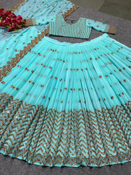 Embroidered Pista and sea Green Silk Lehenga Choli with Georgette and Heavy Georgette Fabrics