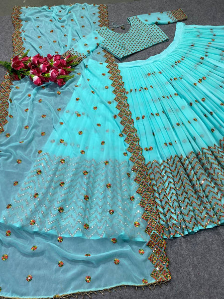 Embroidered Pista and sea Green Silk Lehenga Choli with Georgette and Heavy Georgette Fabrics