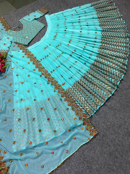 Embroidered Pista and sea Green Silk Lehenga Choli with Georgette and Heavy Georgette Fabrics