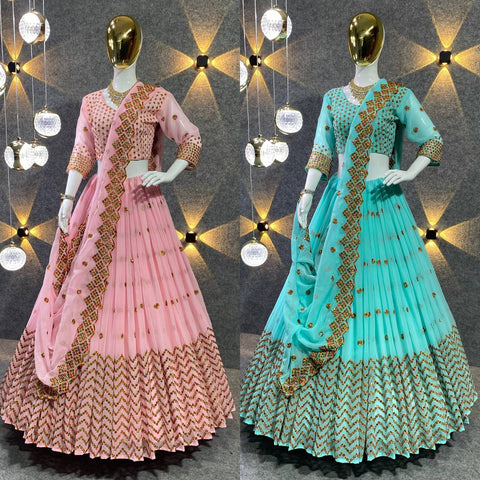 Embroidered Pista and sea Green Silk Lehenga Choli with Georgette and Heavy Georgette Fabrics