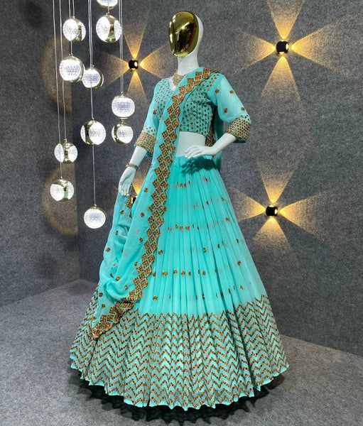 Embroidered Pista and sea Green Silk Lehenga Choli with Georgette and Heavy Georgette Fabrics