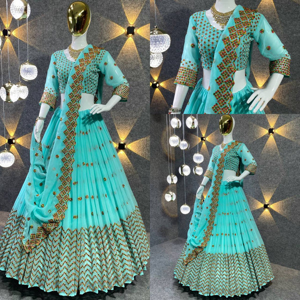 Embroidered Pista and sea Green Silk Lehenga Choli with Georgette and Heavy Georgette Fabrics