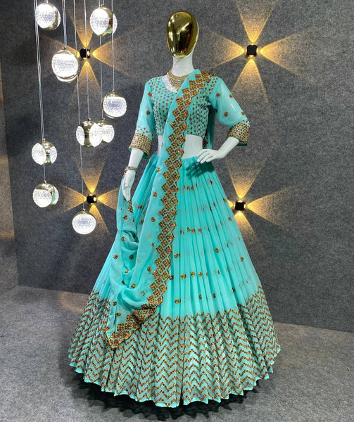 Embroidered Pista and sea Green Silk Lehenga Choli with Georgette and Heavy Georgette Fabrics