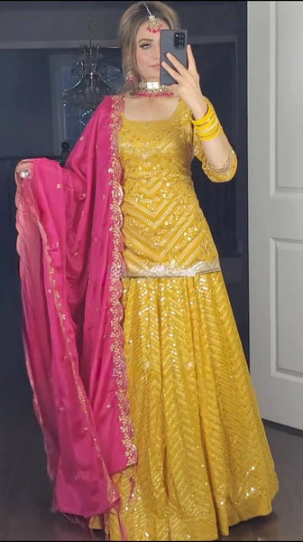 Mustard Color Georgette Sequence Embroidered Work Lehenga Choli