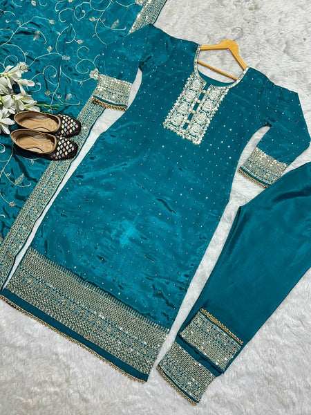 Amazing Rama Color Party Wear Chinon Silk Ready Made Sequence Work Salwar Suit