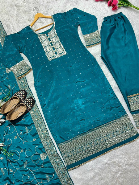 Amazing Rama Color Party Wear Chinon Silk Ready Made Sequence Work Salwar Suit