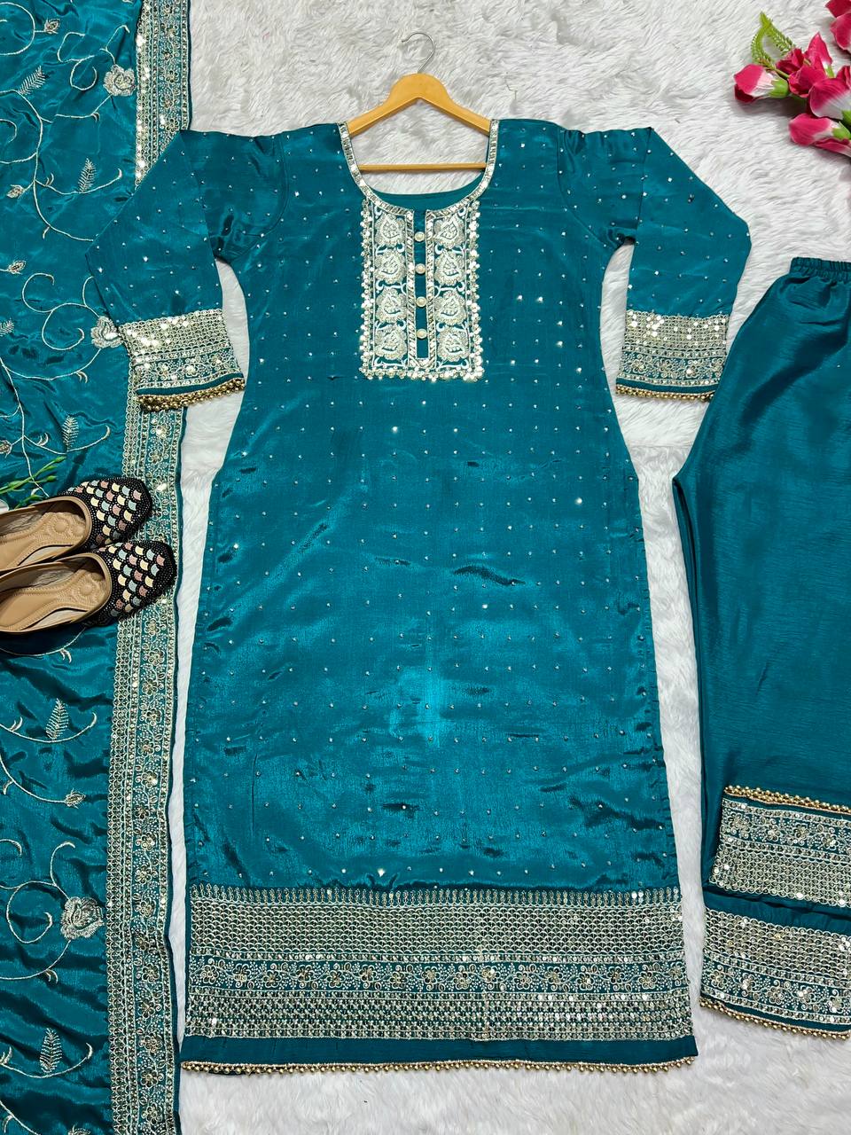 Amazing Rama Color Party Wear Chinon Silk Ready Made Sequence Work Salwar Suit