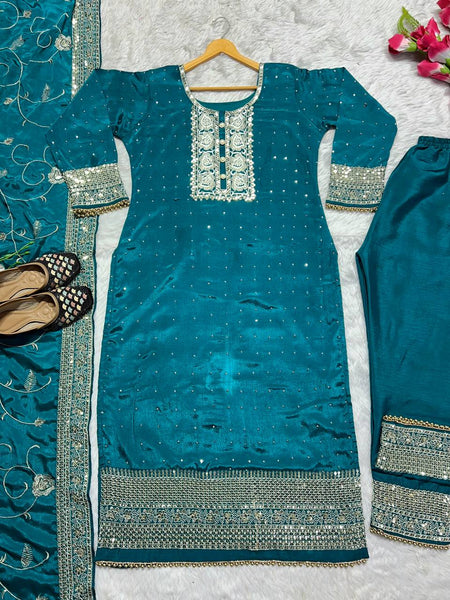 Amazing Rama Color Party Wear Chinon Silk Ready Made Sequence Work Salwar Suit