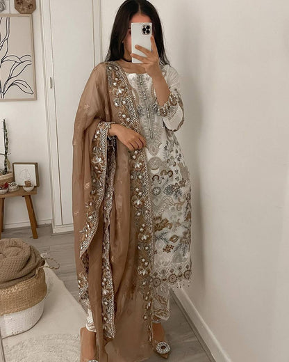 White Color Party Wear Georgette Multi Embroidered Work Salwar Suit