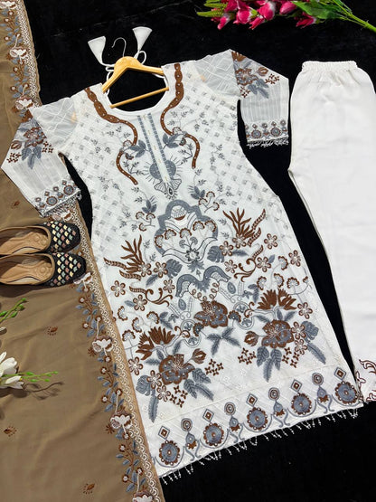 White Color Party Wear Georgette Multi Embroidered Work Salwar Suit