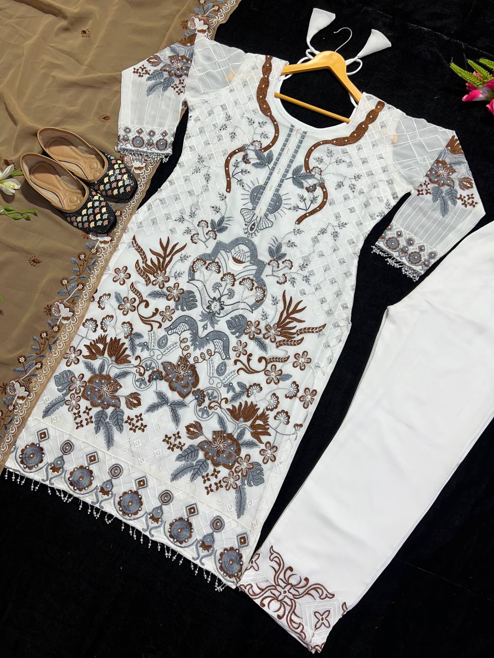 White Color Party Wear Georgette Multi Embroidered Work Salwar Suit