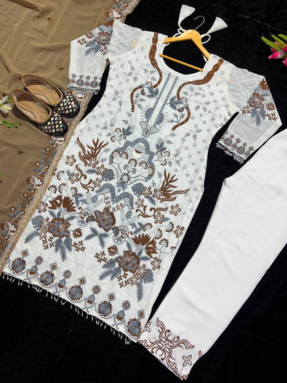 White Color Party Wear Georgette Multi Embroidered Work Salwar Suit