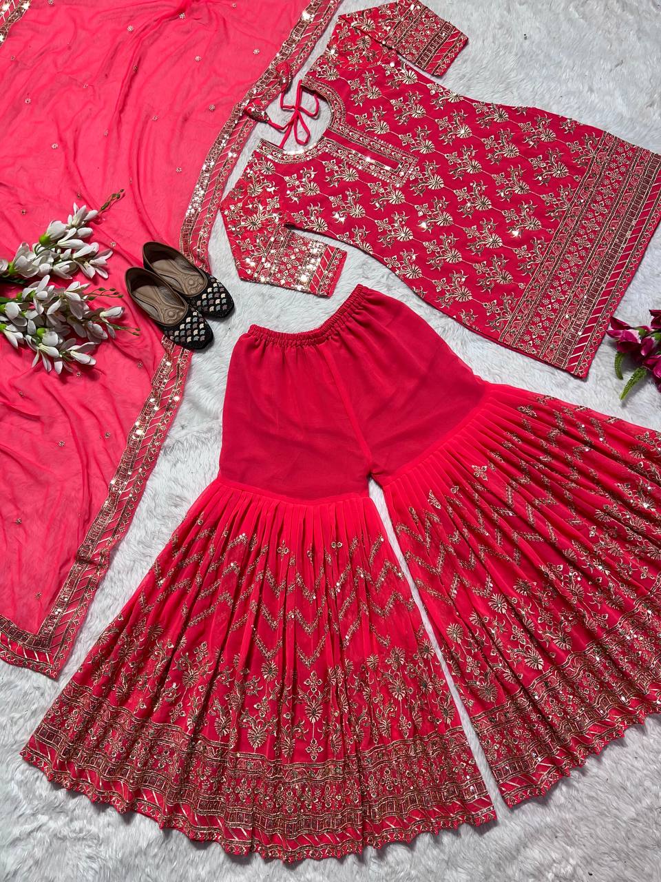 Latest Georgette Wedding Wear Ready Made Sequence Embroidered Work Sharara Suit