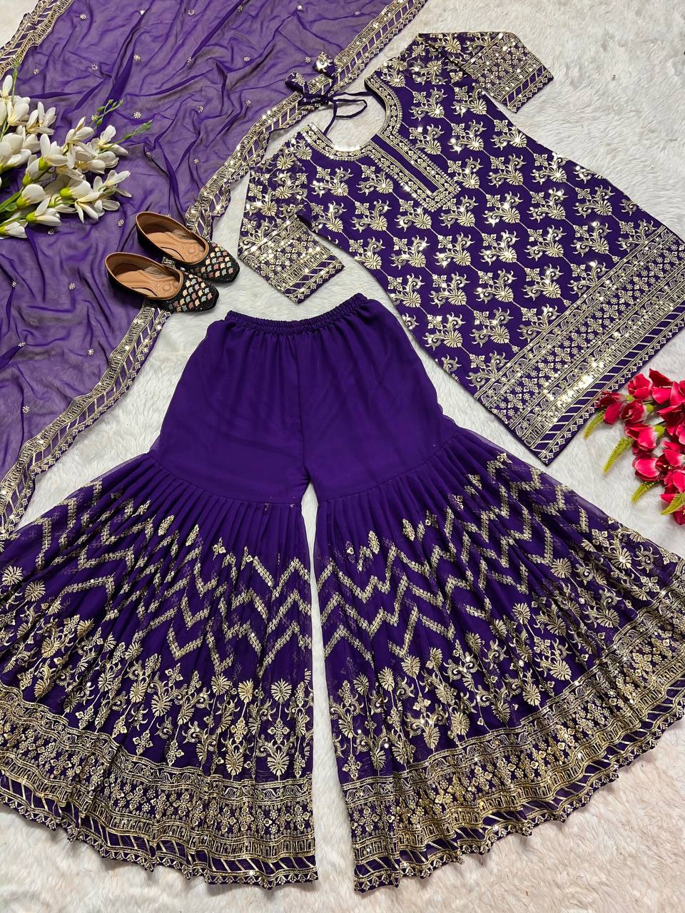 Latest Georgette Wedding Wear Ready Made Sequence Embroidered Work Sharara Suit
