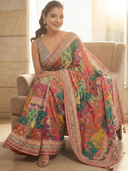 Multi Color Designer Patchwork Print Saree with Fancy Border
