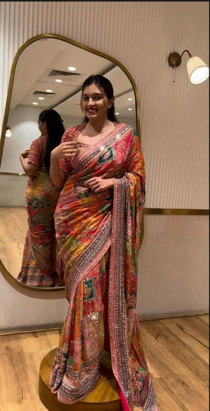 Multi Color Designer Patchwork Print Saree with Fancy Border