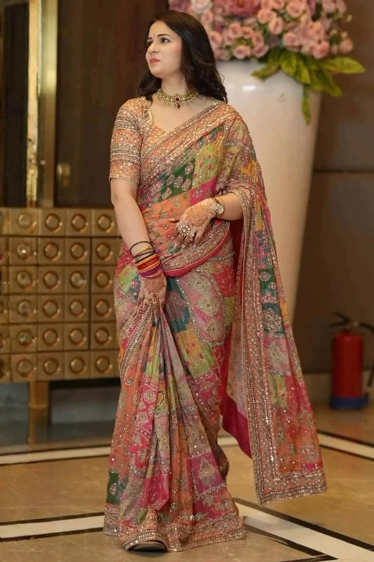 Multi Color Designer Patchwork Print Saree with Fancy Border