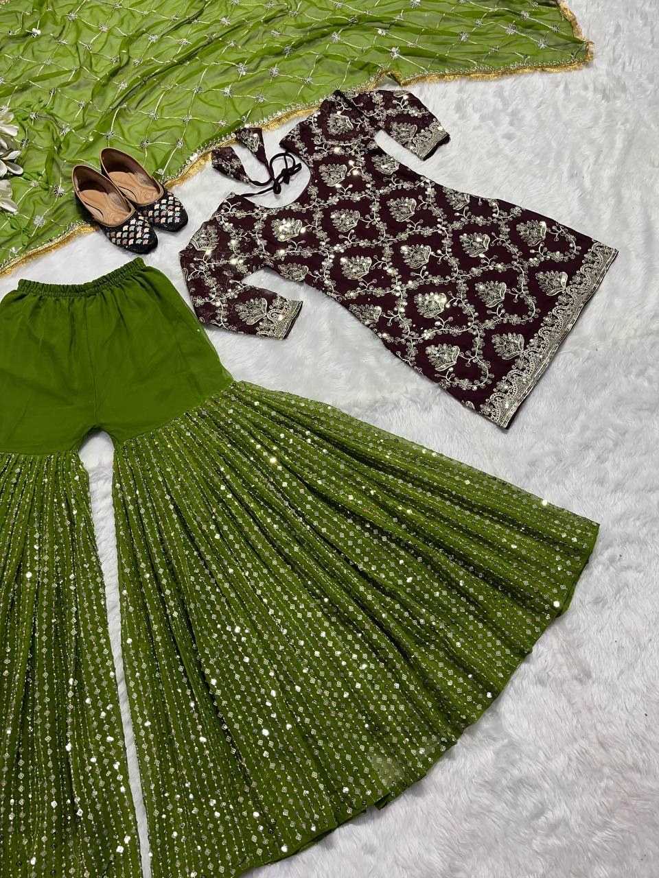 Delightful Brown Color Georgette Sequence Work Ready Made Sharara Suit