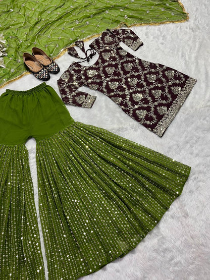 Delightful Brown Color Georgette Sequence Work Ready Made Sharara Suit