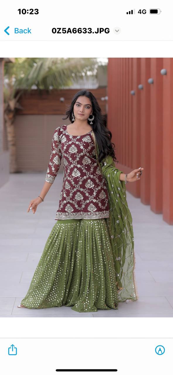 Delightful Brown Color Georgette Sequence Work Ready Made Sharara Suit