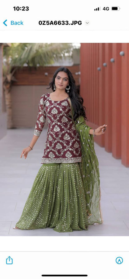 Delightful Brown Color Georgette Sequence Work Ready Made Sharara Suit