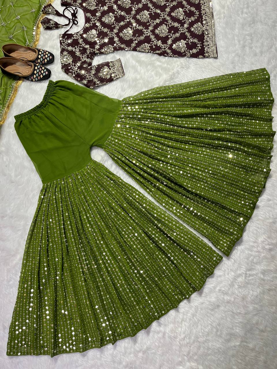 Delightful Brown Color Georgette Sequence Work Ready Made Sharara Suit