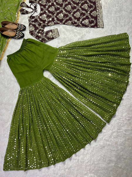 Delightful Brown Color Georgette Sequence Work Ready Made Sharara Suit