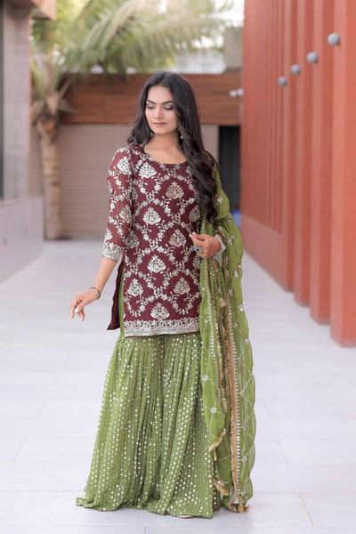 Delightful Brown Color Georgette Sequence Work Ready Made Sharara Suit