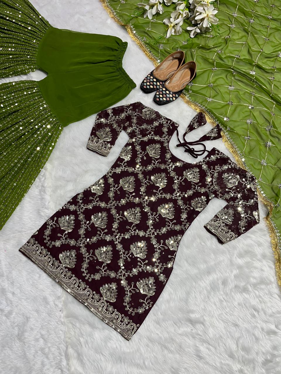 Delightful Brown Color Georgette Sequence Work Ready Made Sharara Suit