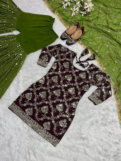 Delightful Brown Color Georgette Sequence Work Ready Made Sharara Suit