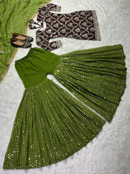 Delightful Brown Color Georgette Sequence Work Ready Made Sharara Suit