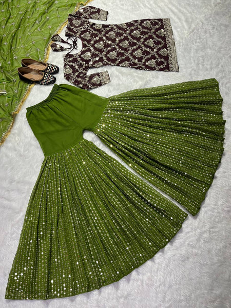 Delightful Brown Color Georgette Sequence Work Ready Made Sharara Suit