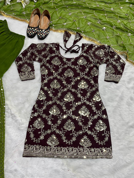 Delightful Brown Color Georgette Sequence Work Ready Made Sharara Suit